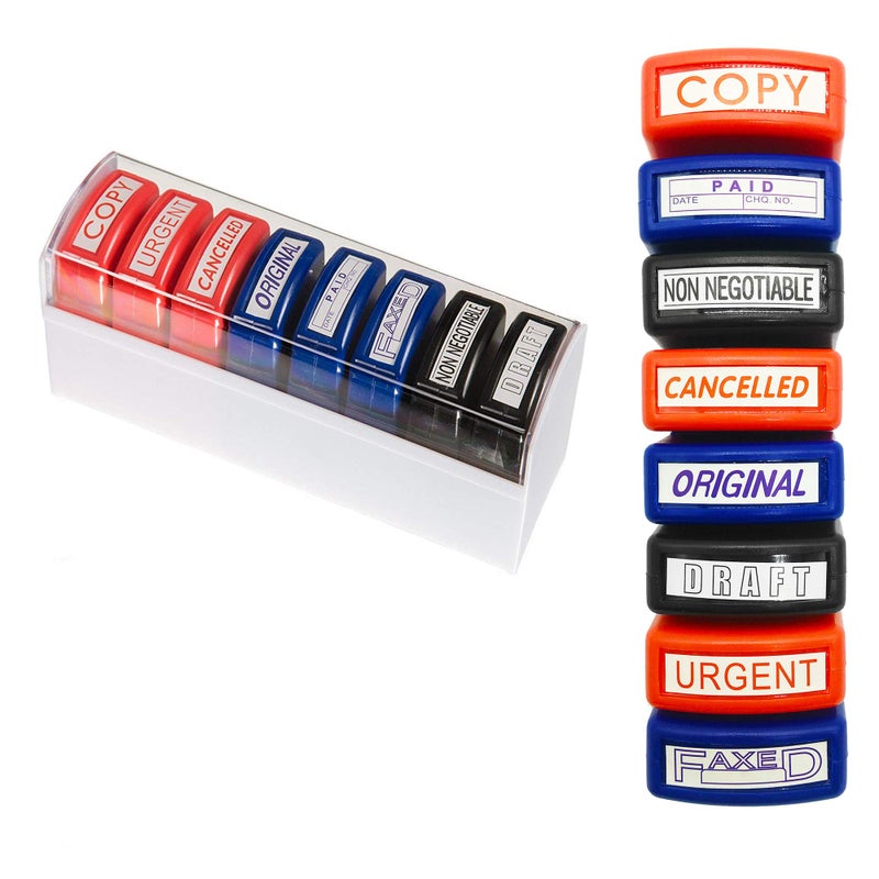 Reliancer Set of 8 Self Inking Pre-Inked Office Stamp 8 Message Account Stamp Office Stationary Stamper Business Paper Work Text Stamps w/Tray RedBlueBlack Ink - Image 2
